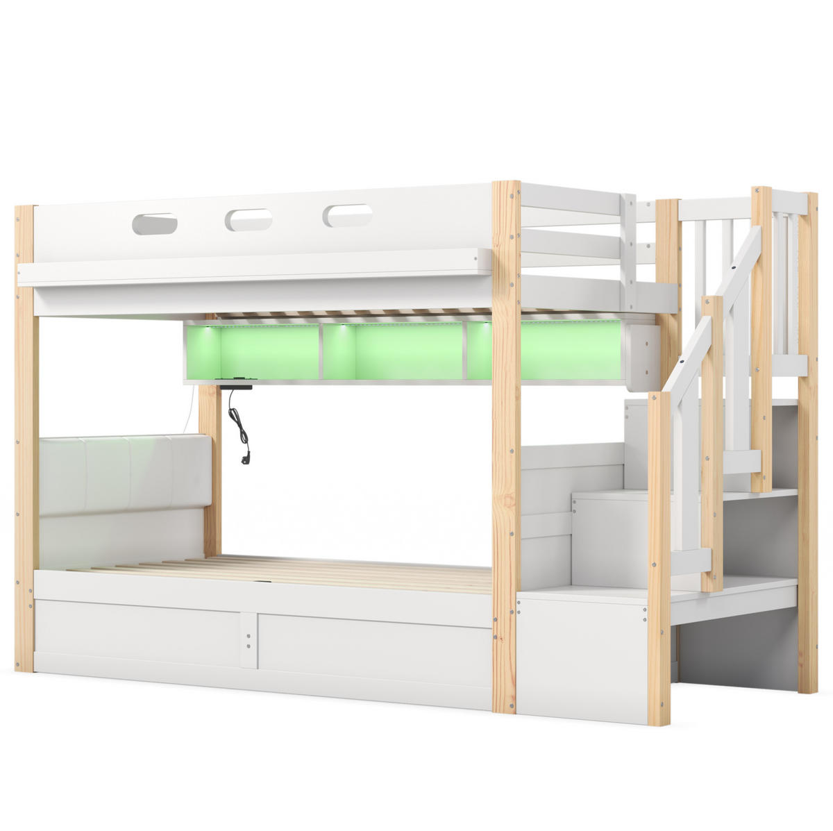 ETAGENBETT aus Kiefernholz und MDF 90x200+90x200 cm Weiß mit hydraulischem Unterbett, LED-Licht und Stauraumtreppe - Weiß, Holz (90/200cm) - Modfu