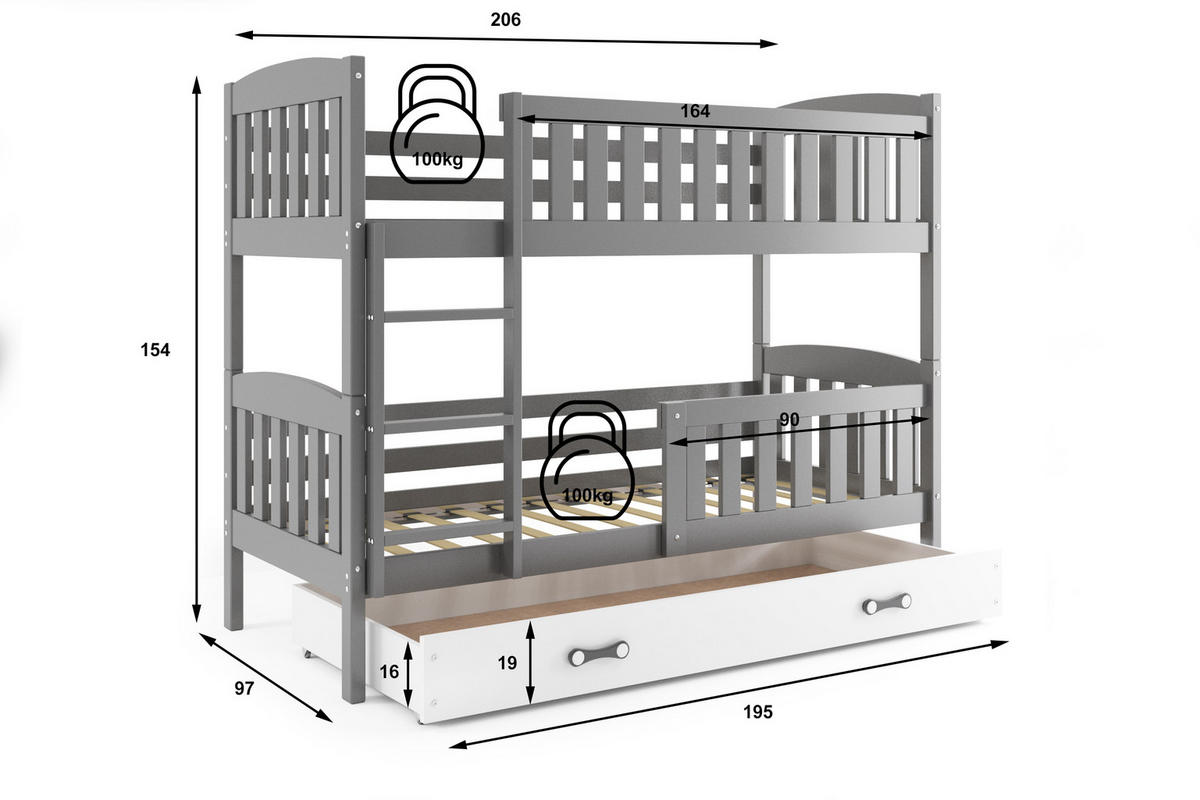 ETAGENBETT JAKOB mit Lattenrost - Weiß/Grau, Holz (90/200cm) - Interbeds