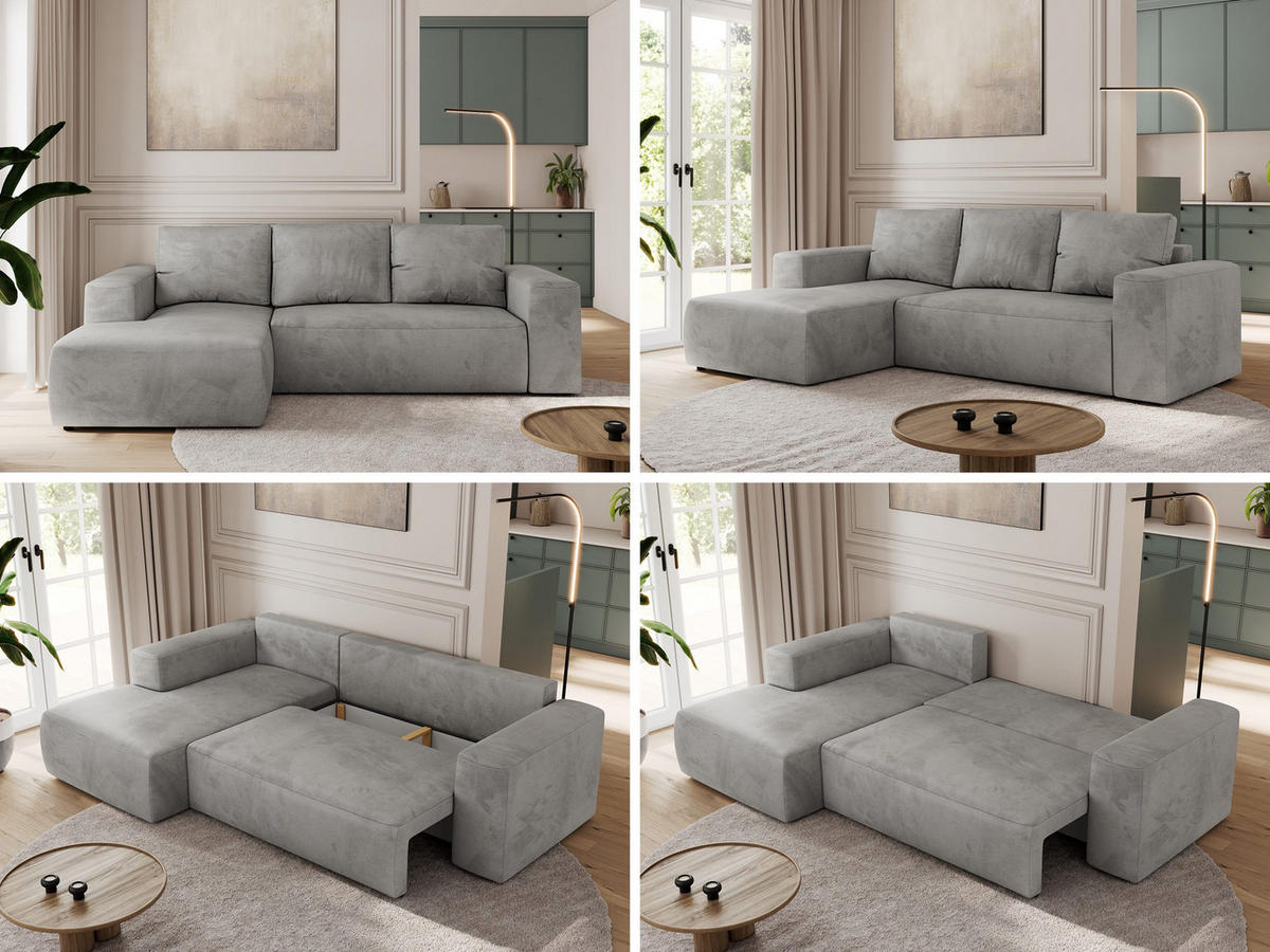 ECKSOFA TRENTINO L Hellgrau Velvet - Links - Hellgrau/Schwarz, Textil (266/164cm) - MKS