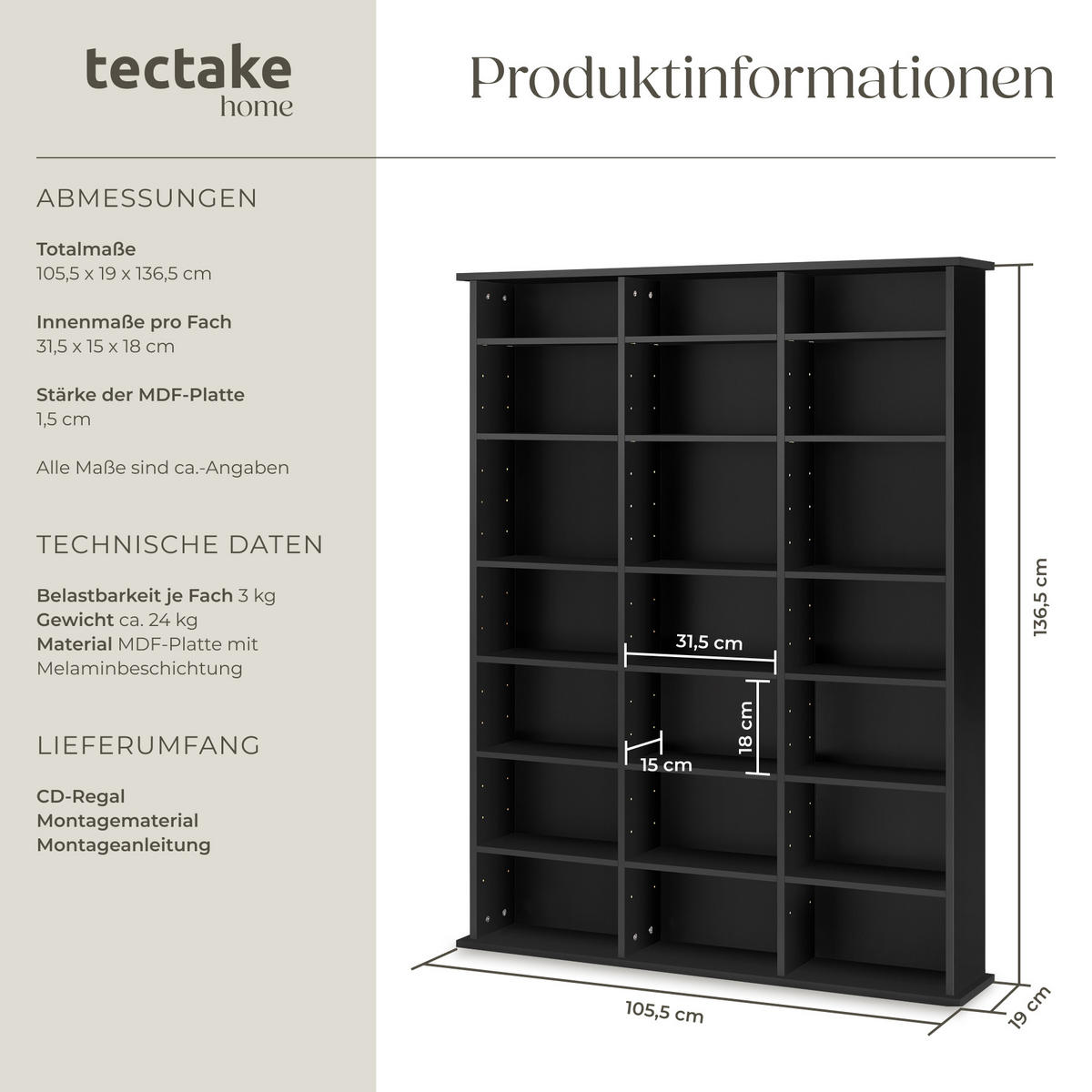 CD/DVD Regal Stevie,105,5 x 19 x 136,5 cm,schwarz - Schwarz, Holz (19/136.5/105.5cm) - tectake