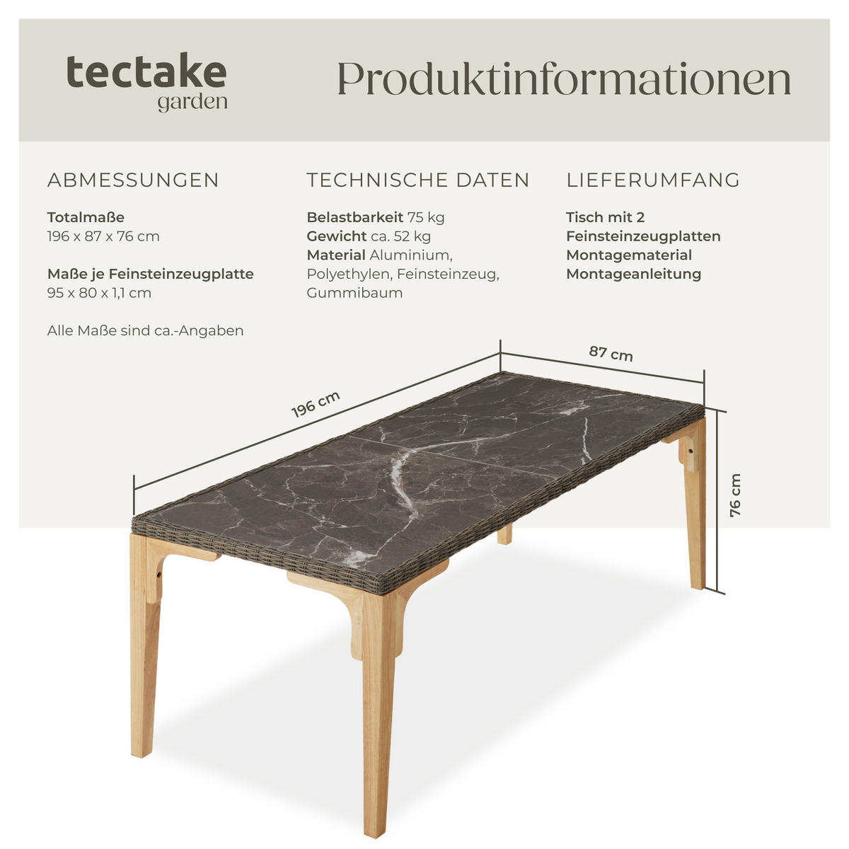 GARTENTISCH Foggia,196 x 87 x 76 cm,natur - Naturfarben, Kunststoff (196/87/76cm) - tectake