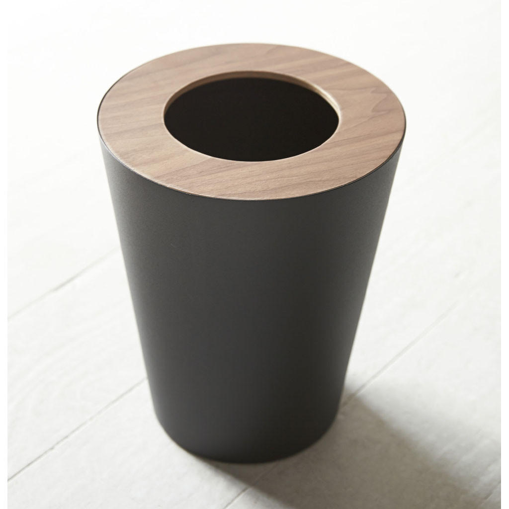 PAPIERKORB aus Metall 23/28/23 cm rund mit Holzabdeckung - Schwarz, Metall (23/28/23cm) - Yamazaki