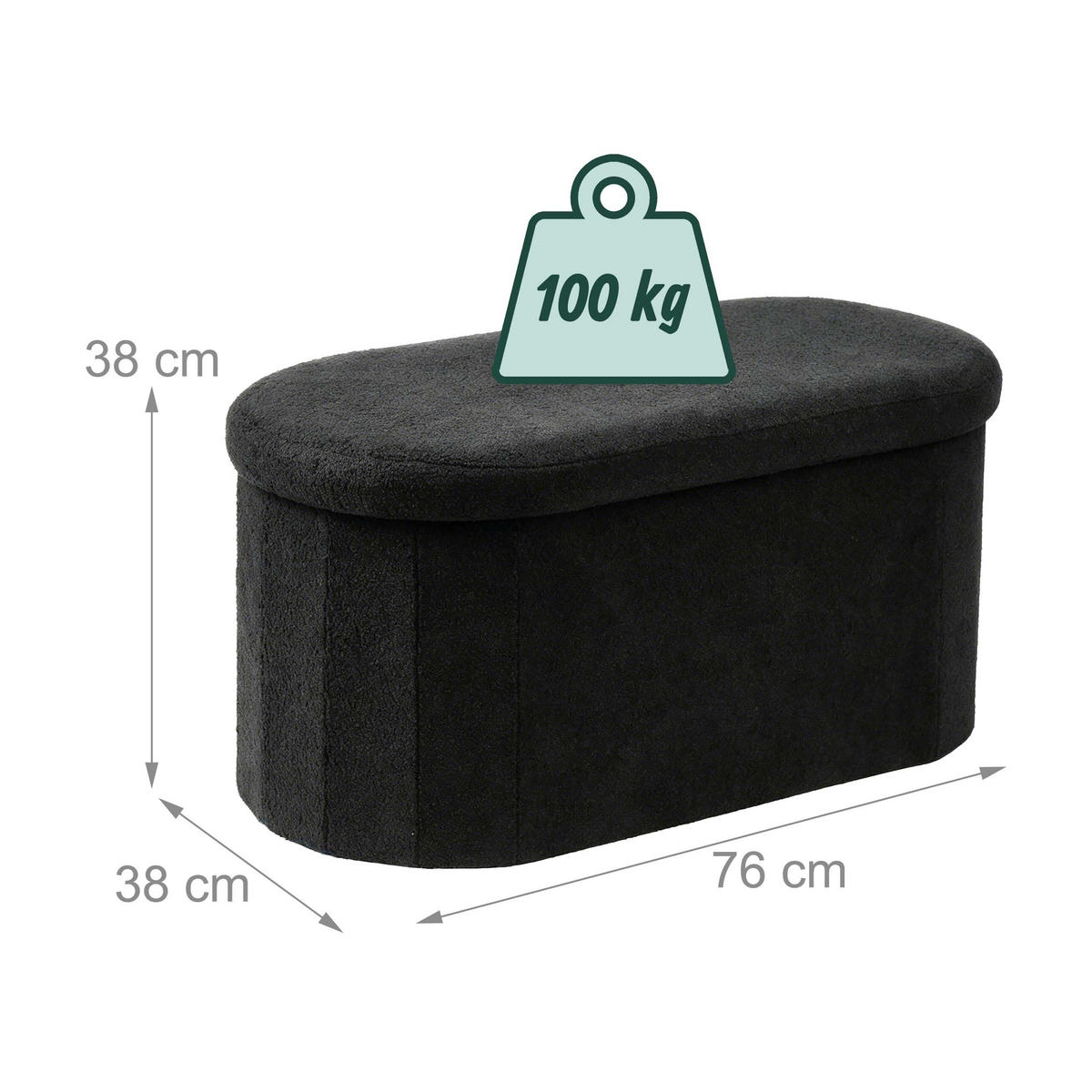 LAVICE Černá s úložným prostorem teddy čalounění 76 cm - černá, kompozitní dřevo/textil (76/38/38cm) - Relaxdays