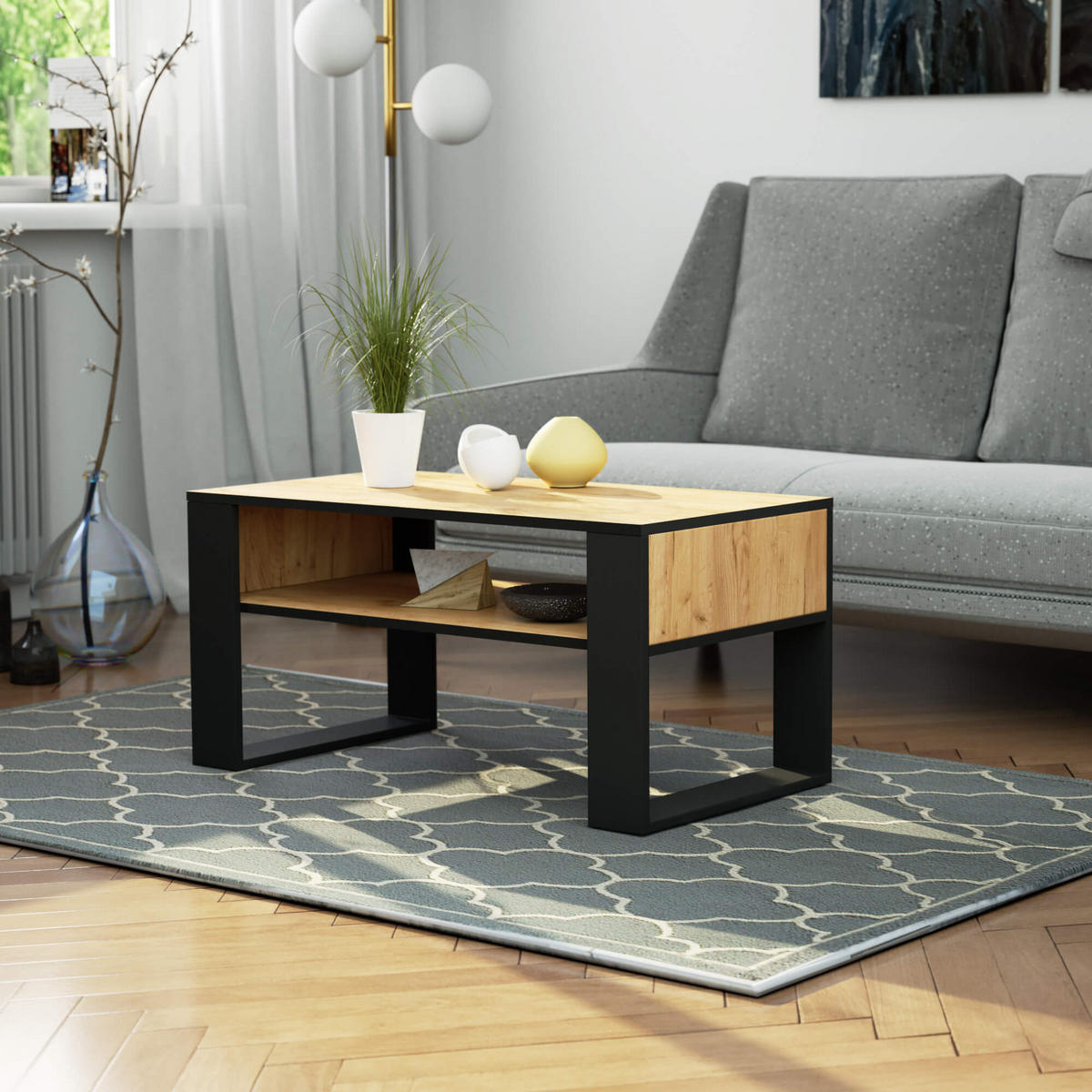 COUCHTISCH Rechteckig Eiche Gold - Schwarz 92/45/50 cm - Eichefarben/Schwarz, Holzwerkstoff (50/92/45cm) - designimpex