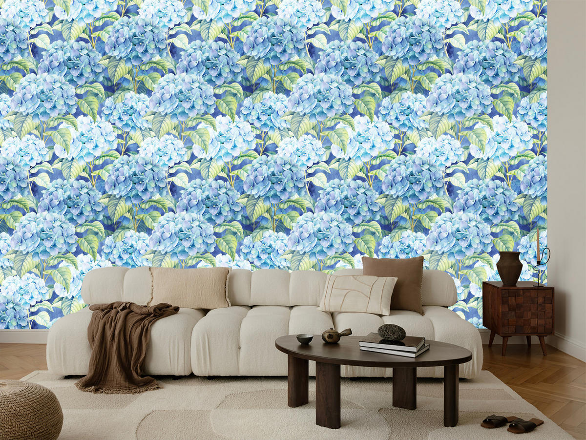 VLIESTAPETE Hortensien und Blätter – Blau, Grün – 50x1000 cm - Blau/Grün, Papier (50/1000cm) - Muralo