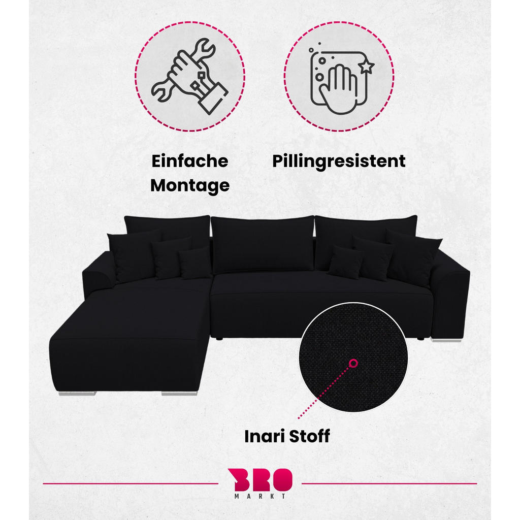 Thumbnail - Bromarkt Ecksofa, Schwarz, Textil, 3-Sitzer, L-Form,L-Form, 280x184 cm, Wohnzimmer, Sofas & Couches, Wohnlandschaften, E...