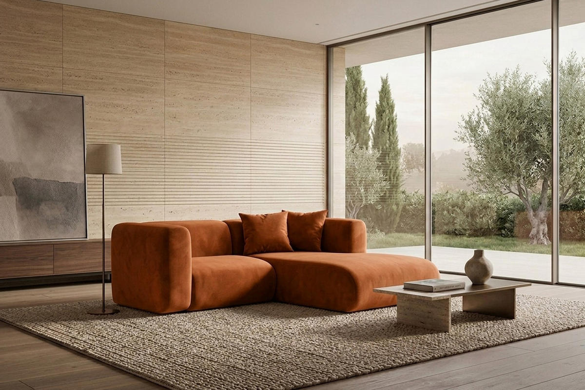 ECKSOFA L-Form mini, Velvet-Stoff Bluvel, Zimtfarbe, Rechts, GRETA - Orange, Holz (226/179cm) - Kaiser Möbel
