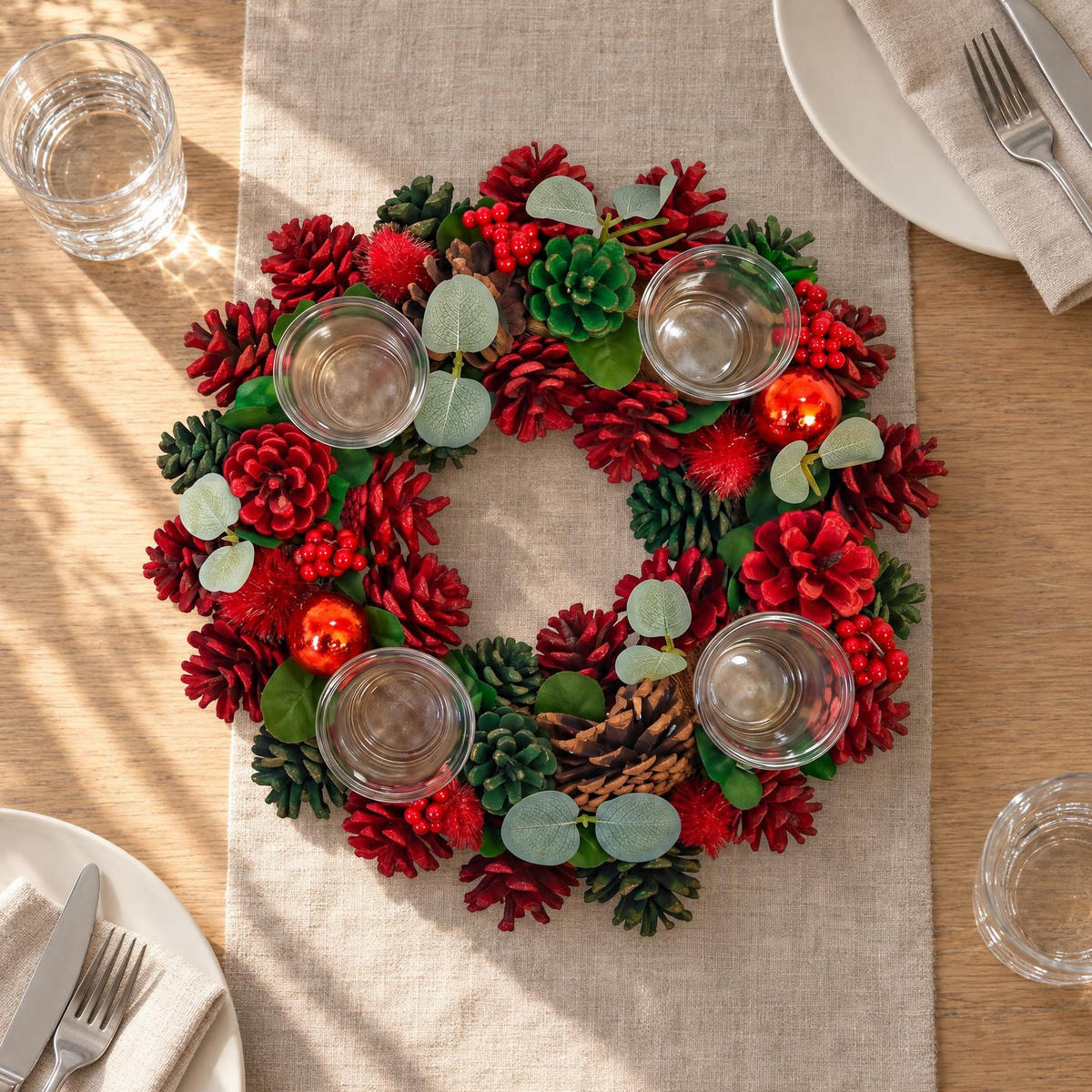 ADVENTSKRANZ mit 4 Kerzenhaltern und Zapfen 34/34/8 cm - Multicolor, Naturmaterialien (34/8/34cm) - Home Styling Collection
