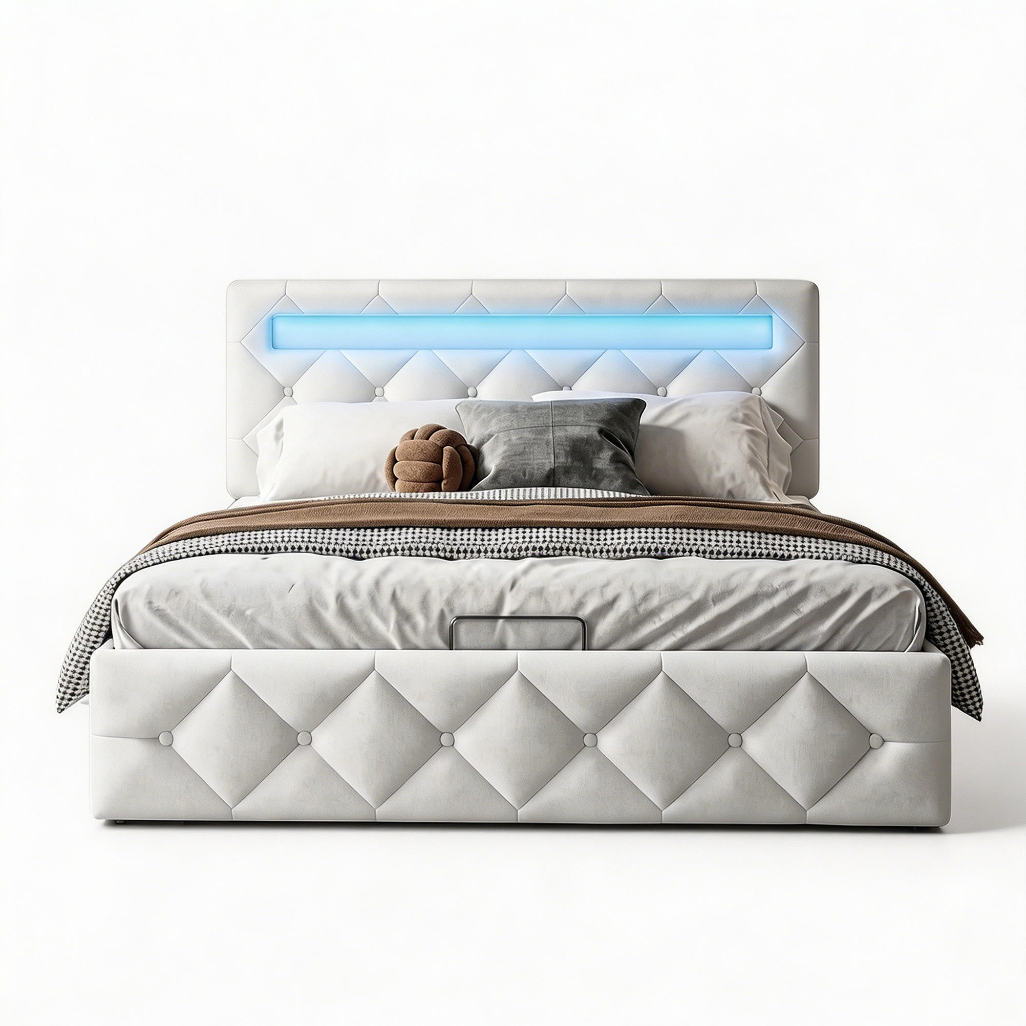POLSTERBETT 140x200, Stauraumbett mit Bettkasten und Lattenrost, LED, Samt, beige - Beige, Holzwerkstoff/Textil (140/200cm) - GENKI LIVING