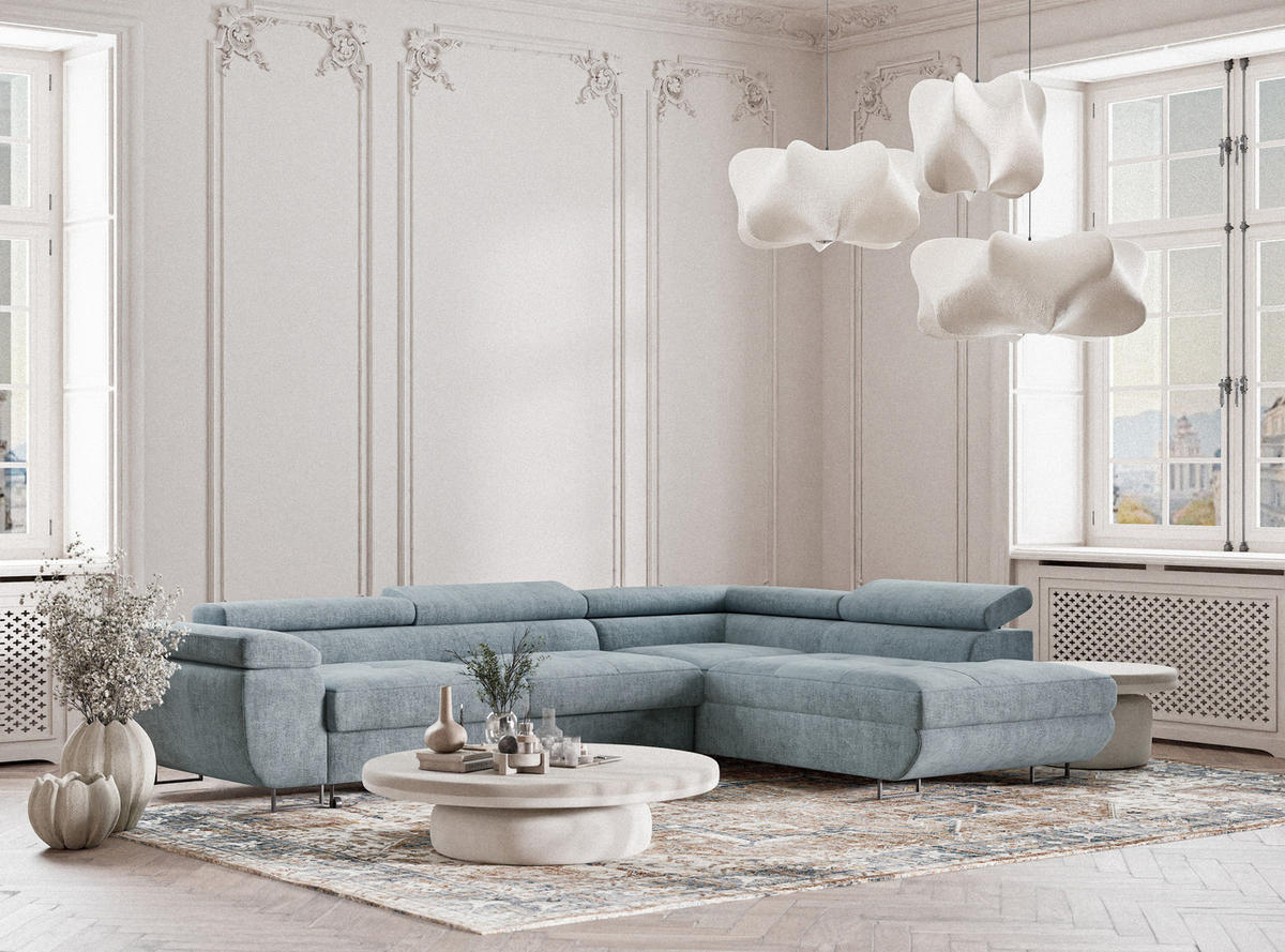 ECKSOFA Concord Hellblau Chenille-Stoff - Rechts Seite - Schwarz/Hellblau, Holz/Holzwerkstoff (277/203cm) - Maison de Reve