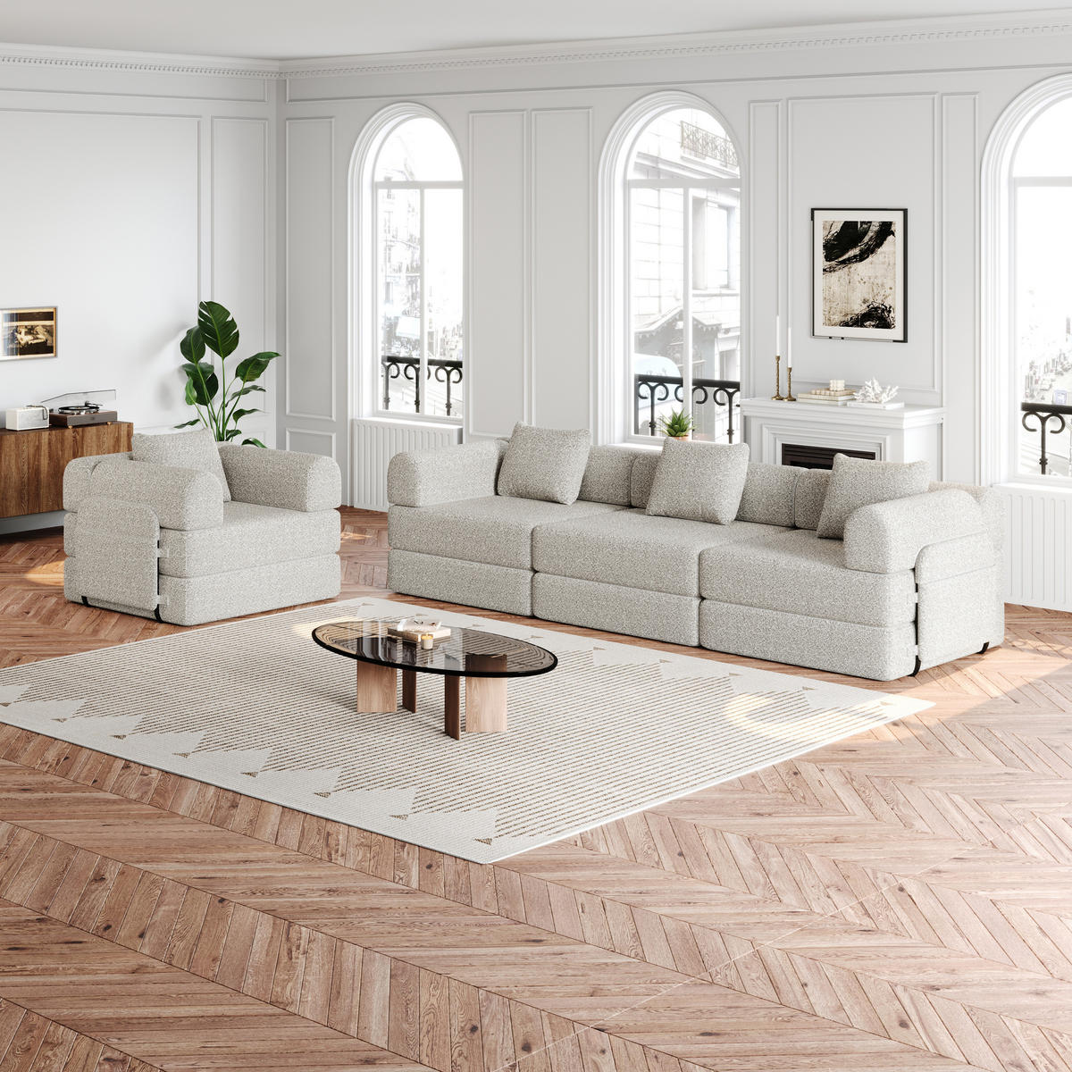 SCHLAFSOFA 2-in-1 aus Chenille, mit Armlehnen-Staufach, 91,4/183,8/69,8 cm, Beige - Beige, Textil (91.4/69.8/183.8cm) - Redom