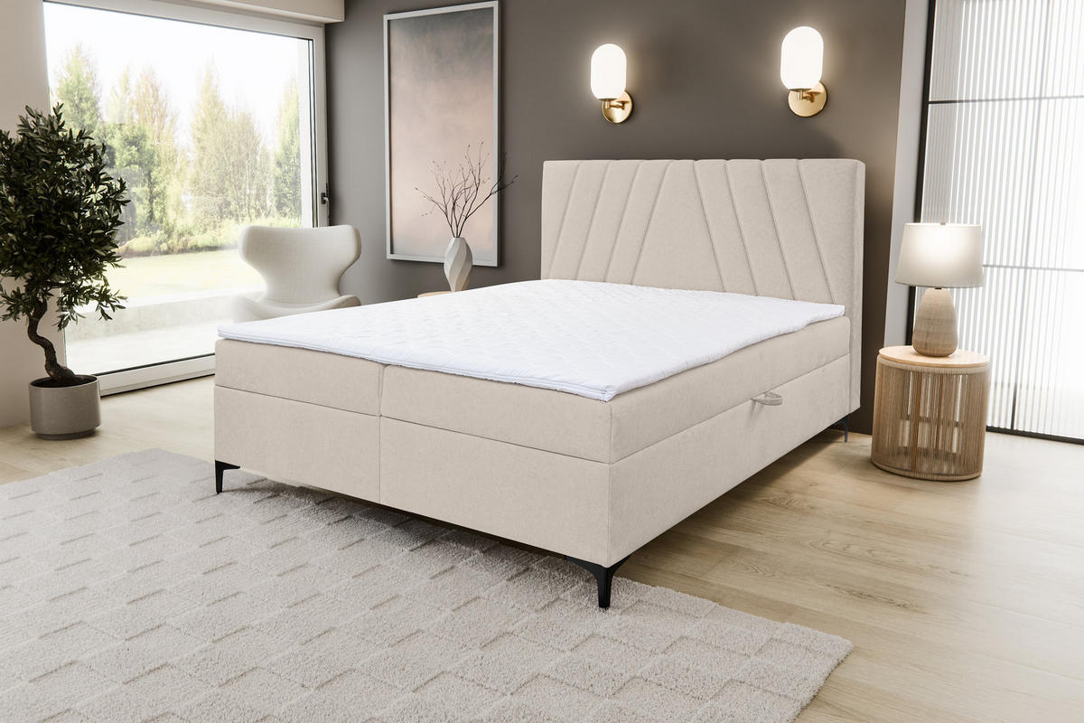 BOXBETT CAPRI mit 2 Bettkästen, Maße: 140x200 cm, Farbe: Beige , Velourstoff, mit Bonell-Matratze inkl. Topper - Beige, Holz/Kunststoff (140/200cm) - VENASI MÖBEL
