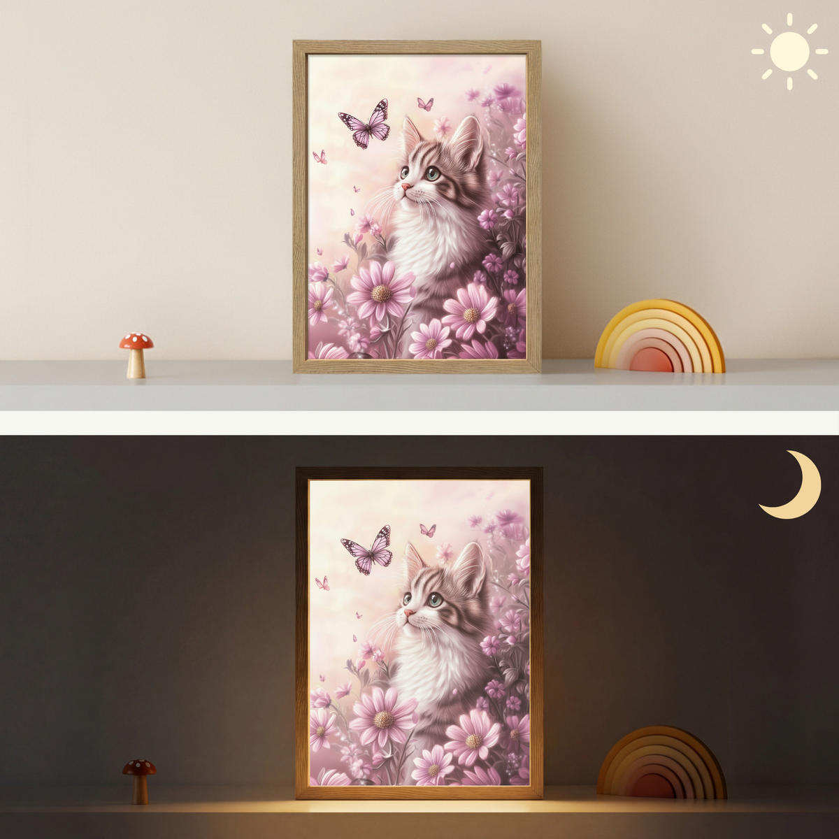 NÁSTĚNNÁ LAMPA S AKUMULÁTOREM Koťátko - Květiny - Motýli - Fialová 30x40 cm - starorůžová, kompozitní dřevo (30/40/8cm) - OnlyWow