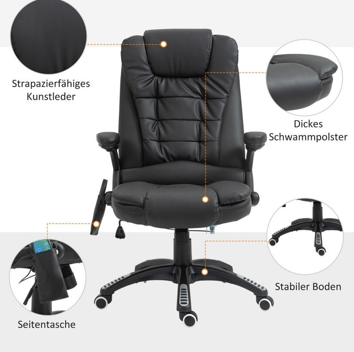 KANCELÁRSKE kreslo 54/44–54 cm čierne z umelej kože s masážou ohrevom a výškovým nastavením - čierna, plast (70/121/70cm) - OKWISH