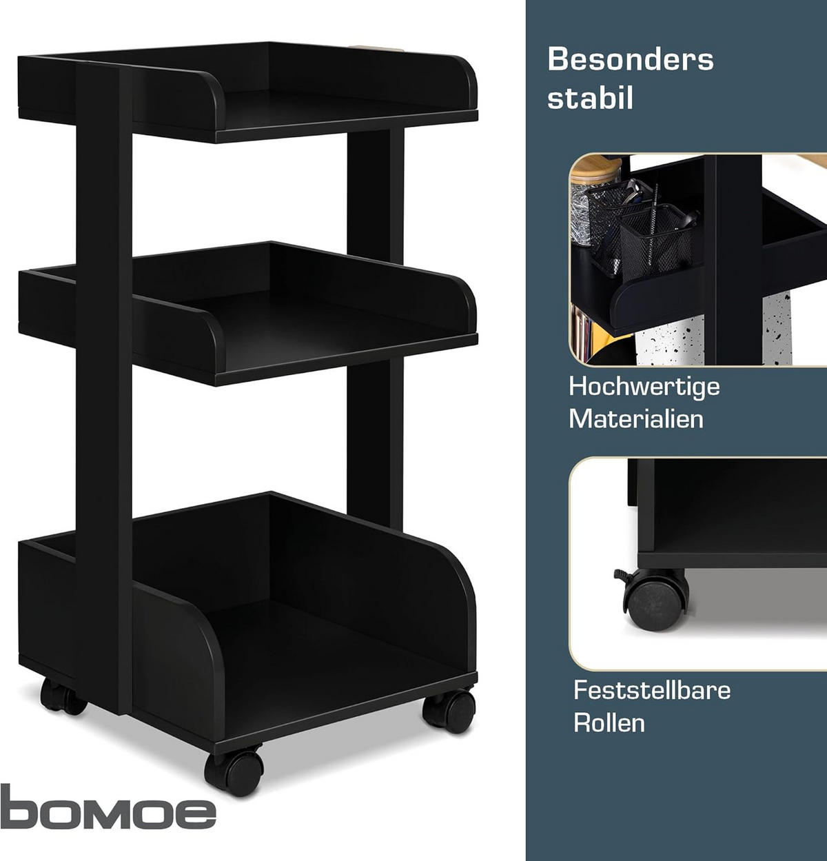 ROLLWAGEN Bosse Schwarz - Schwarz Hochglanz/Robinienfarben, Holzwerkstoff (32/69/35cm) - BoMoe
