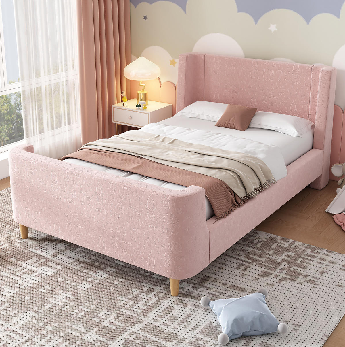 KINDERBETT im Schlittenbett-Design 90x200 cm Samt Rosa - Pink, Holzwerkstoff (90/200cm) - Beauniv