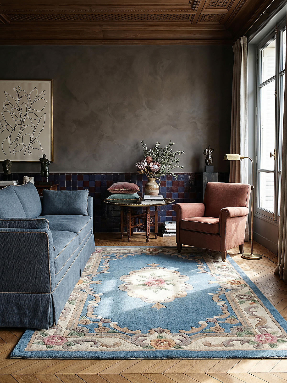 WOLLTEPPICH Aubusson-Muster handgeknüpft BEAULY, Blau-Beige 120x180 cm - Blau, Textil (180/120cm) - KADIMA DESIGN