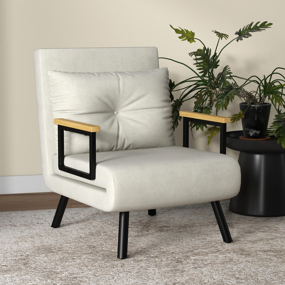 SCHLAFSESSEL, Einzelsofa mit Bettfunktion, Relaxsessel mit Rückenkissen Creme - Creme/Schwarz, Holz/Textil (63/81/73cm) - HOMCOM