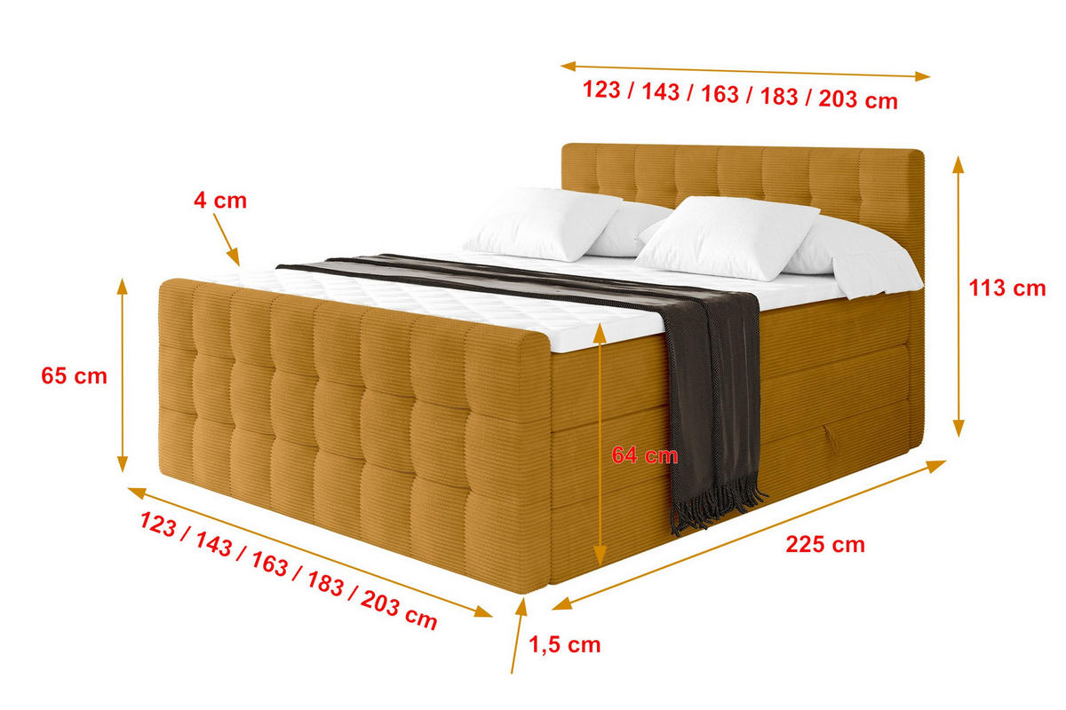 BOXSPRINGOVÁ POSTEL s matrací H3/H4 - IGAN-Z KING - 160x200 cm Hořčicová - kari žlutá, kompozitní dřevo (163/200cm) - ALTDECOR