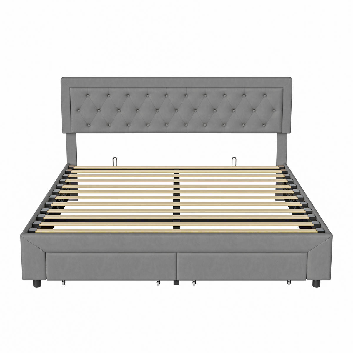 DOPPELBETT 160x200 cm Grau Samt, Hydraulischer Bettkasten und 2 Schubladen, Diamant-Knopfheftung, Tragfähigkeit 300 kg, Skandinavischer Stil - Grau, Metall (160/200cm) - GENKI LIVING