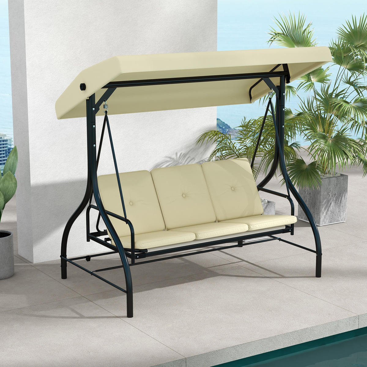 HOLLYWOODSCHAUKEL 3-Sitzer, 2 in 1 mi Liegefunktion - Beige, Metall (117/175/195cm) - Outsunny