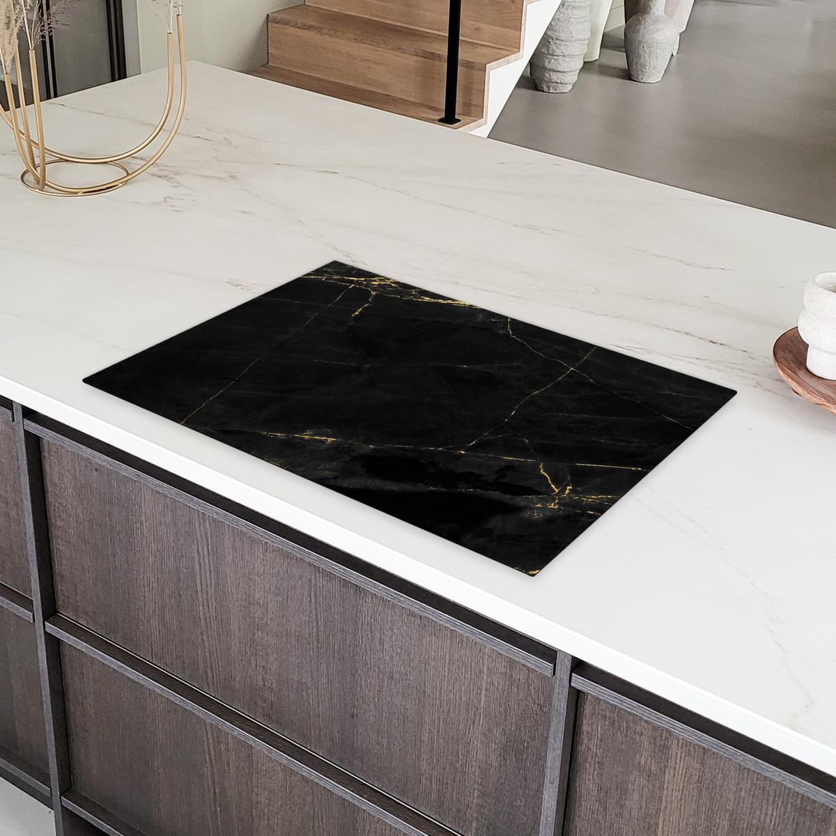 HERDABDECKPLATTE Marmor - Schwarz - Gold - Chic - Marmoroptik - Design Induktionsmatte 81x52 cm - Schwarz, Kunststoff (81/52/0.2cm) - MuchoWow
