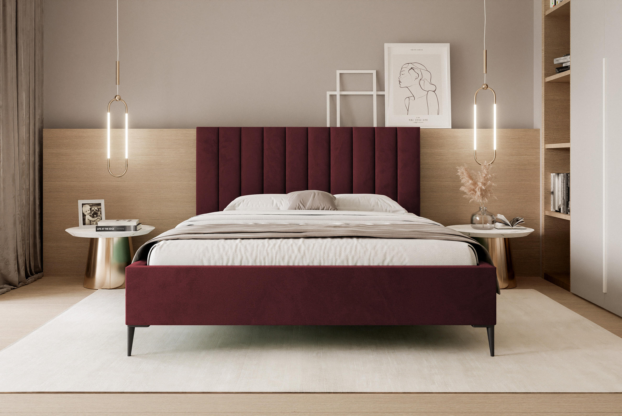 POLSTERBETT Mona SLIM III Polsterbett für Ihr Schlafzimmer in VELUTTO Stoff - 120x200 cm Burgund - Schwarz/Dunkelrot, Holz/Holzwerkstoff (120/200cm) - DomoHome