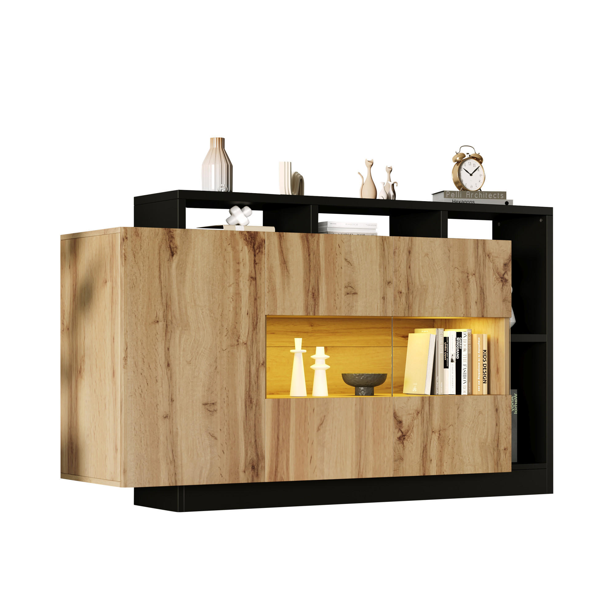 SIDEBOARD mit RGB-LED und Bluetooth, Holzoptik MDF, matte Oberfläche und schwarzem Metallrahmen, 140/44/93,5 cm,Naturfarben - Naturfarben, Holzwerkstoff (140/93.5/44cm) - Redom