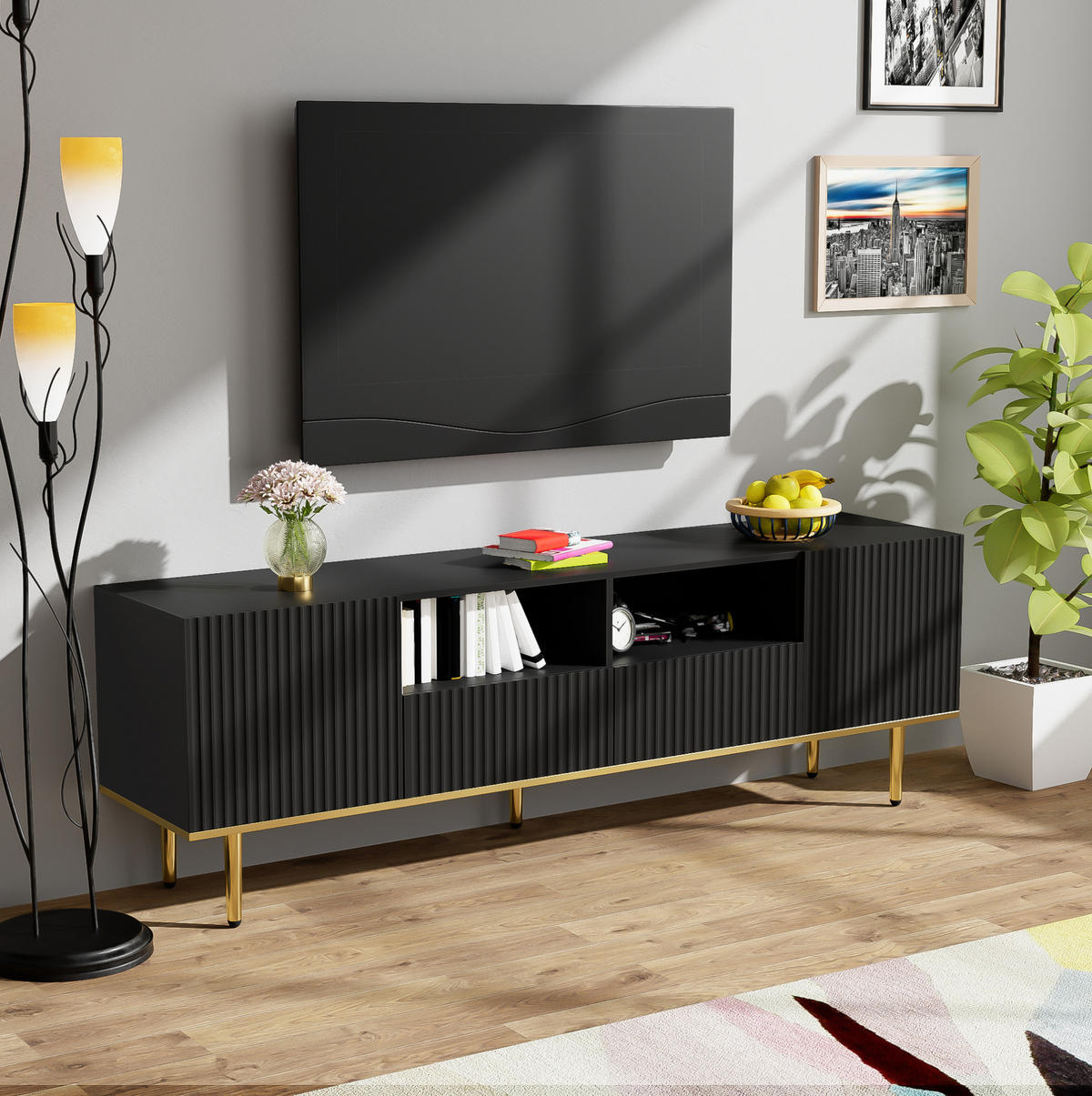TV-ELEMENT mit 2 Schubladen 165 cm Schwarz/Gold - Schwarz, Holzwerkstoff (36/55/165cm) - Beauniv