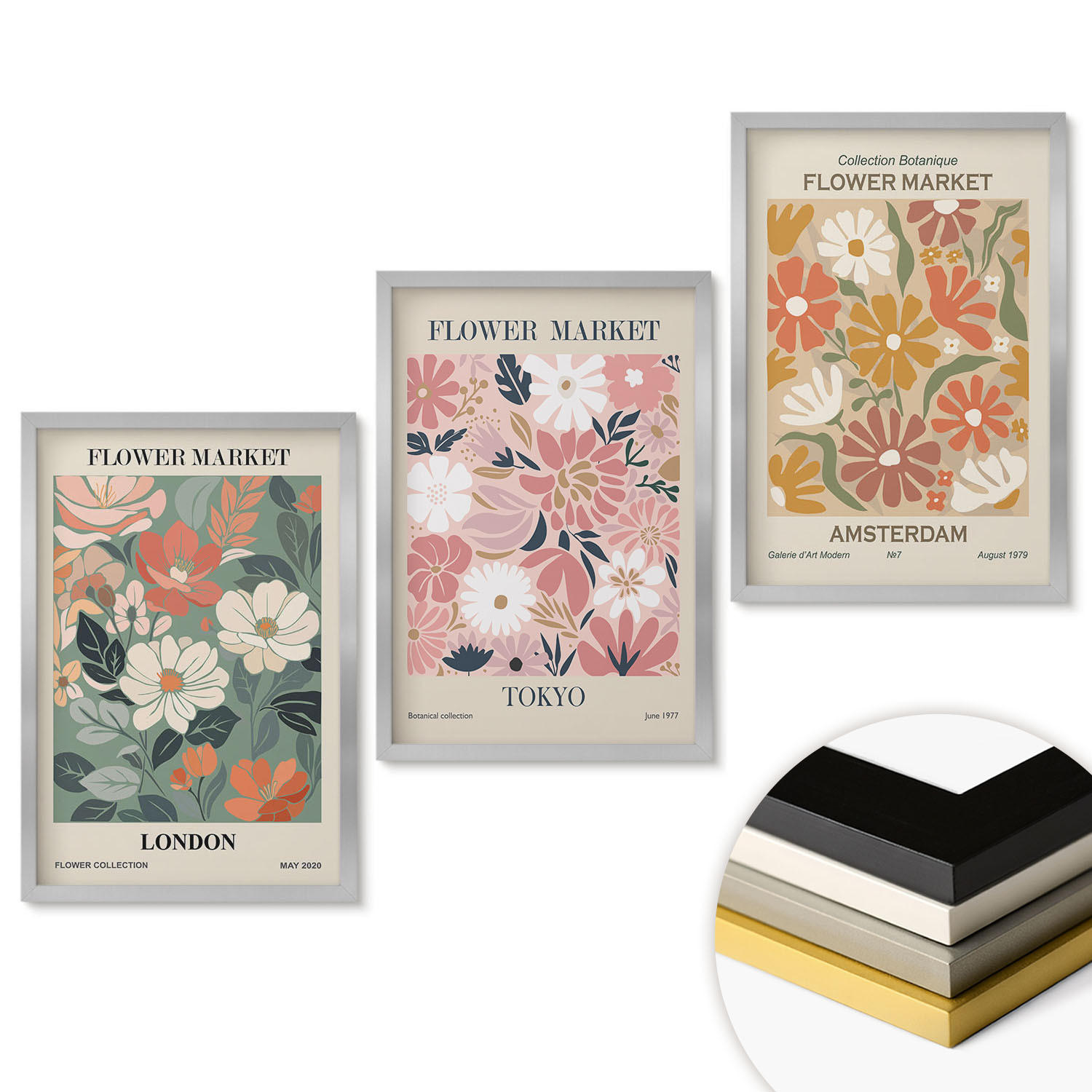 WANDBILDER 3er Set - 40x60 cm Silberner Rahmen - Blumenmuster London Tokio Amsterdam - Silberfarben, Kunststoff (40/60cm) - ArtPrintCave