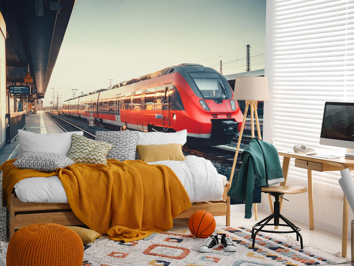 FOTOTAPETA Pre Obývaciu Izbu Moderný Červený Vlak Stanica Koľajnice 150 x 105 cm - hnedá/sivá, papier (150/105cm) - Muralo