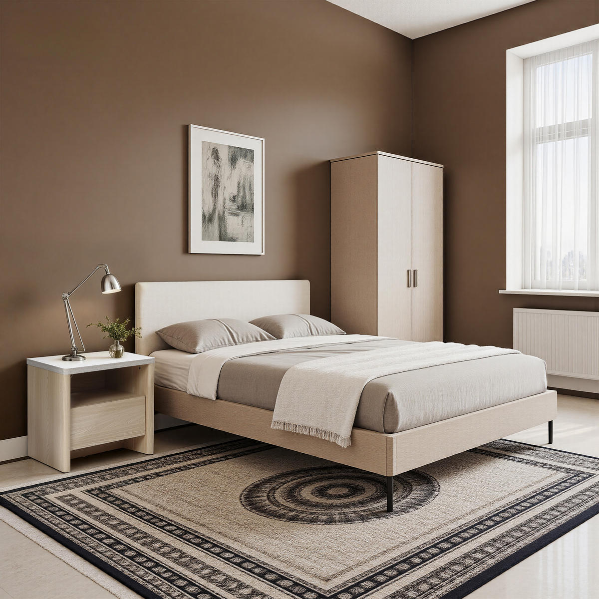 MODERNER Nachttisch mit Schnee-Eichenoptik, Schubladen & Kunst-Travertin-Platte | B53 x T45 x H50 cm - Braun, Holzwerkstoff (53/50/45cm) - Hometopia