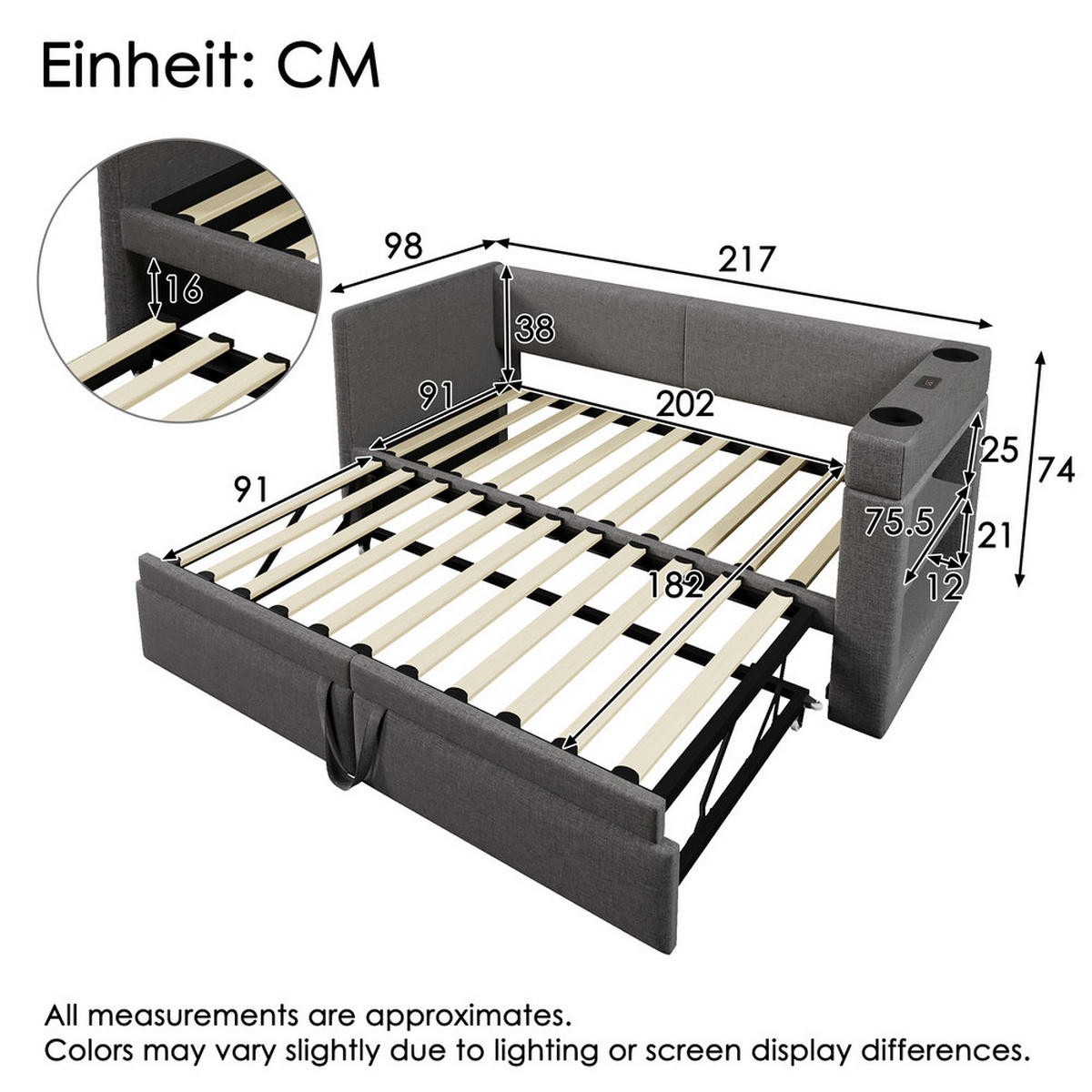 TAGESBETT 90x200cm Einzelbett Schlafsofa Ausziehbett USB-C Getränkehalter Grau - Grau, Holz (98/74/217cm) - FLIEKS