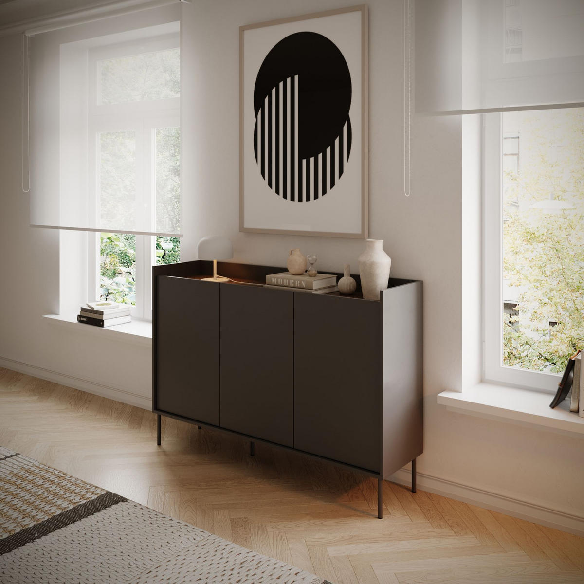 SIDEBOARD Tovi Schwarz / Holzoptik Nussbaum 140 cm - Schwarz, Holzwerkstoff/Metall (139.8/95.5/36.4cm) - Selsey