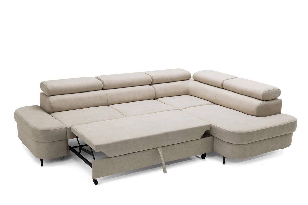 ECKSOFA PRIAM L Rechts mit Schlaffunktion 125x195 Velours Beige - Beige/Schwarz, Holz/Textil (203/275cm) - Muffo