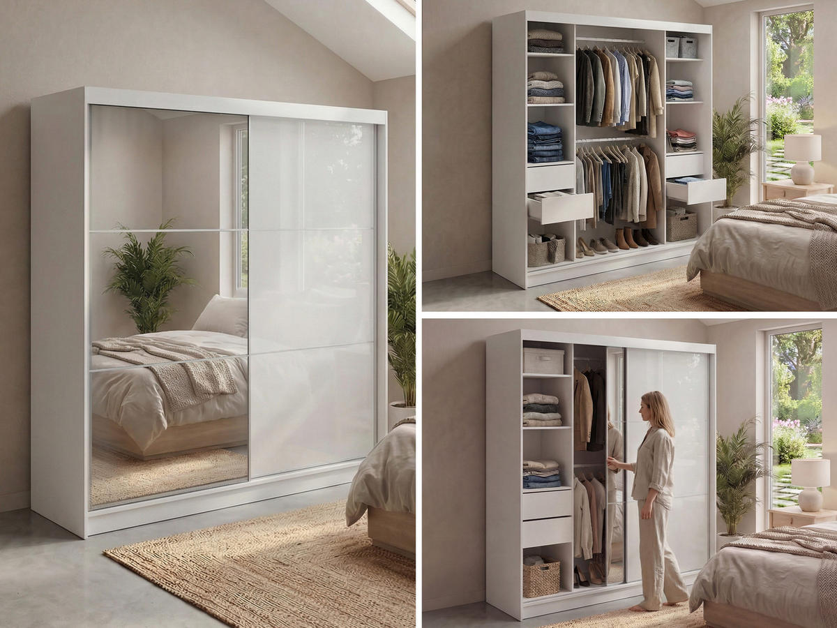 SCHWEBETÜRENSCHRANK mit Spiegel und Schubladen - WALENCJA - 200 - Weiß lacobel - Alufarben/Weiß, Holzwerkstoff/Metall (200/216/61cm) - MKS