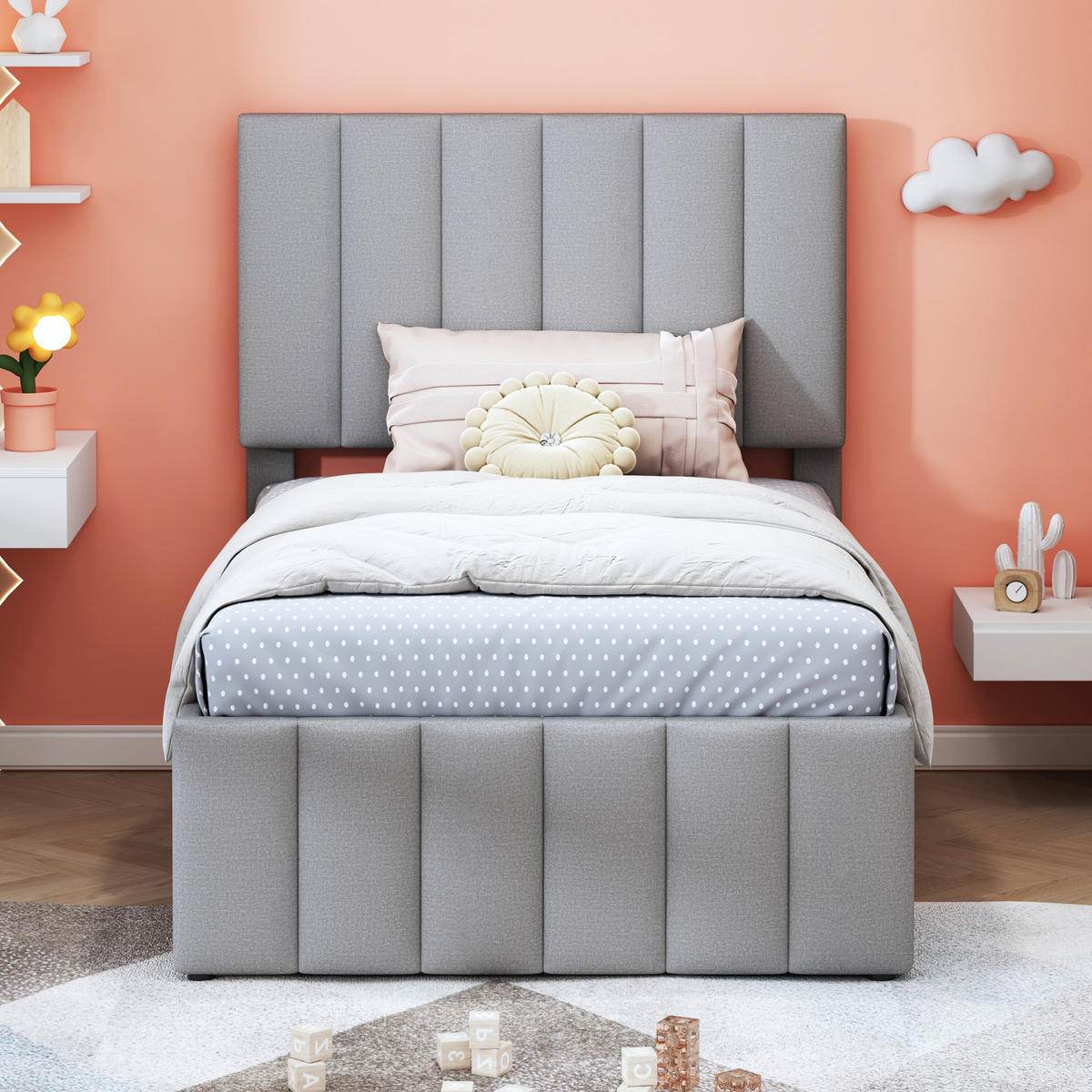 POLSTERBETT 90/200 cm aus Leinen mit Ausziehbett und 3 Schubladen Grau - Grau, Textil (90/200cm) - Modenvie