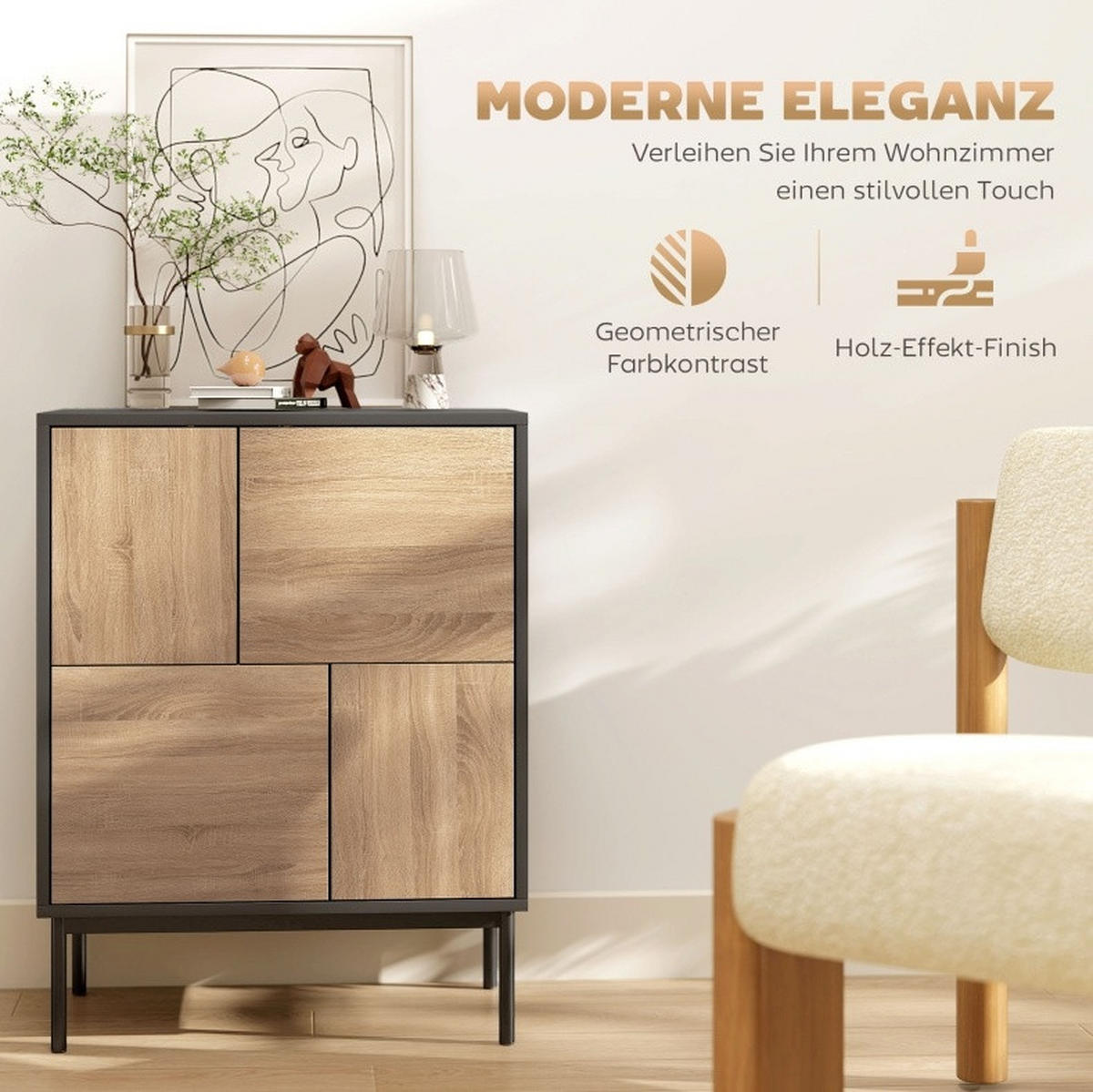 SIDEBOARD mit Push-to-open-Funktion, 4 geschlossenen Fächern und Metallbeinen aus MDF-Holzwerkstoff, Schwarz/Naturholzoptik - Schwarz, Holz (60/78/35cm) - Redom
