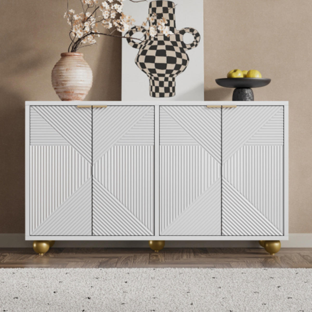 SIDEBOARD mit gravierten Türen und Golddekorelementen weiß 120×35×71,5 cm aus MDF - Weiß, Holzwerkstoff (120/71.5/35cm) - Luhomfu