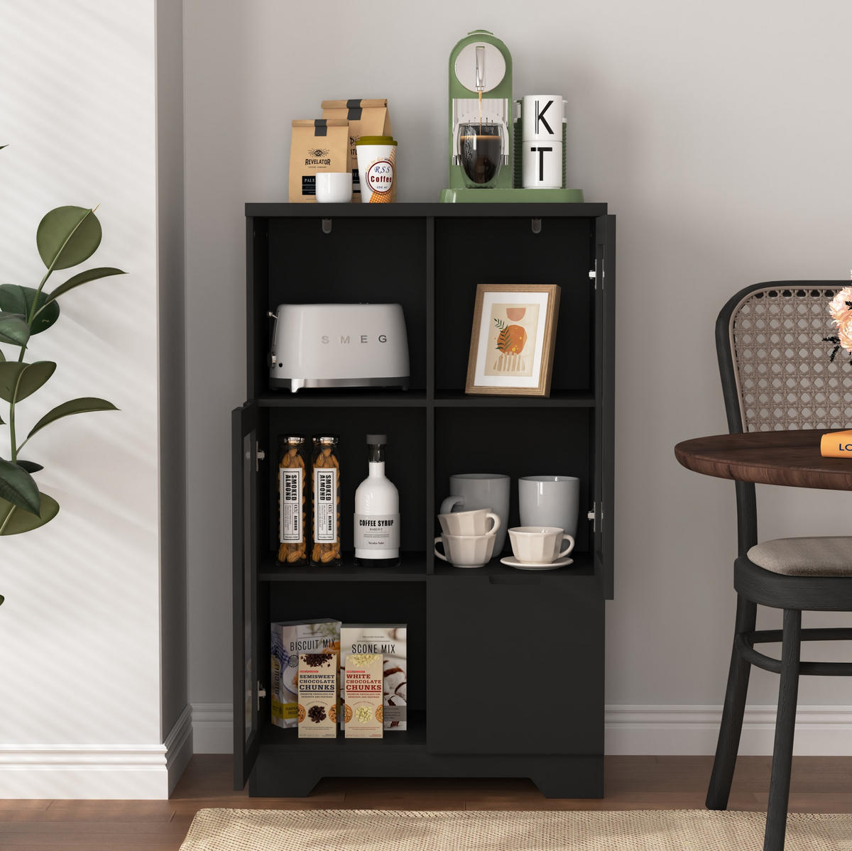 KOMMODE mit 2 Glastüren und verstellbaren Einlegeböden, MDF, grifflose Optik, 65/30/100 cm, Schwarz - Schwarz, Holzwerkstoff (65/100/30cm) - Redom