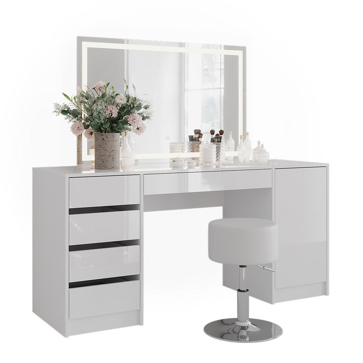 SCHMINKTISCH Sherry Weiß/Weiß Hochglanz 158.2 cm mit LED-Spiegel und Hocker - Weiß Hochglanz, Holzwerkstoff (158.2/76/50.1cm) - Vicco