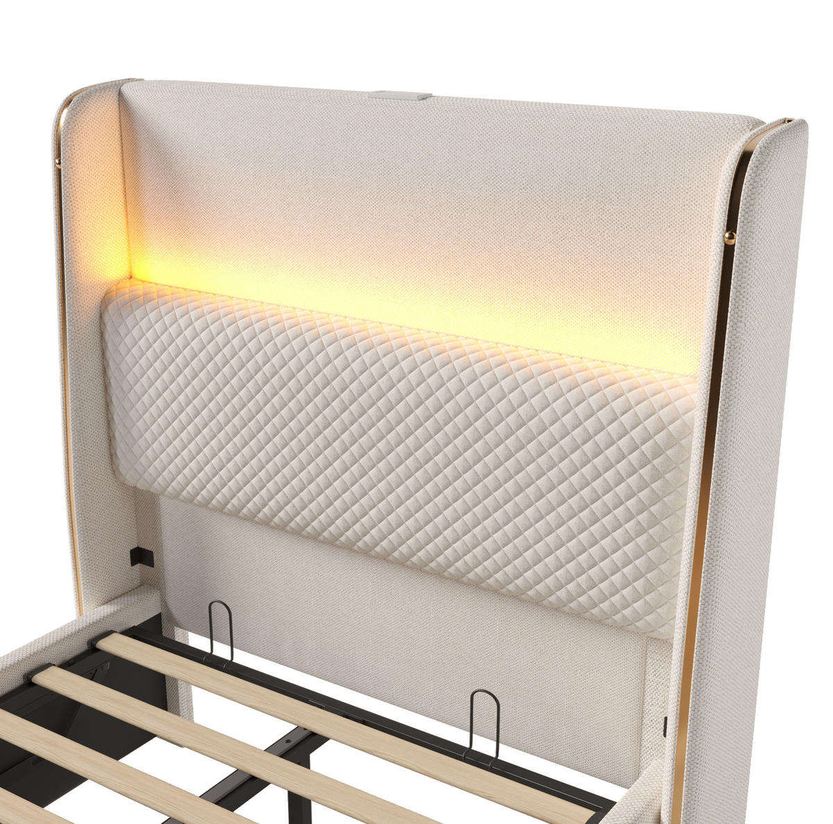 POLNJENA postelja iz lanu 90x200 cm bež z visokim vzglavjem, LED osvetlitvijo, USB/Type-C priključkom in hidravličnim predalom - bež, tekstil (90/200cm) - Modfu