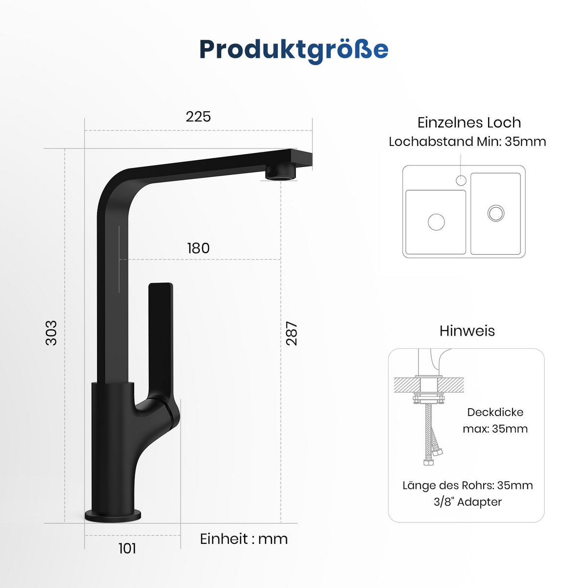 KÜCHENARMATUR mit 360° Drehbar Edelstahl Einhebelmischer Schwarz Matt - Schwarz, Metall (22.5/10.1/30.3cm) - EMKE