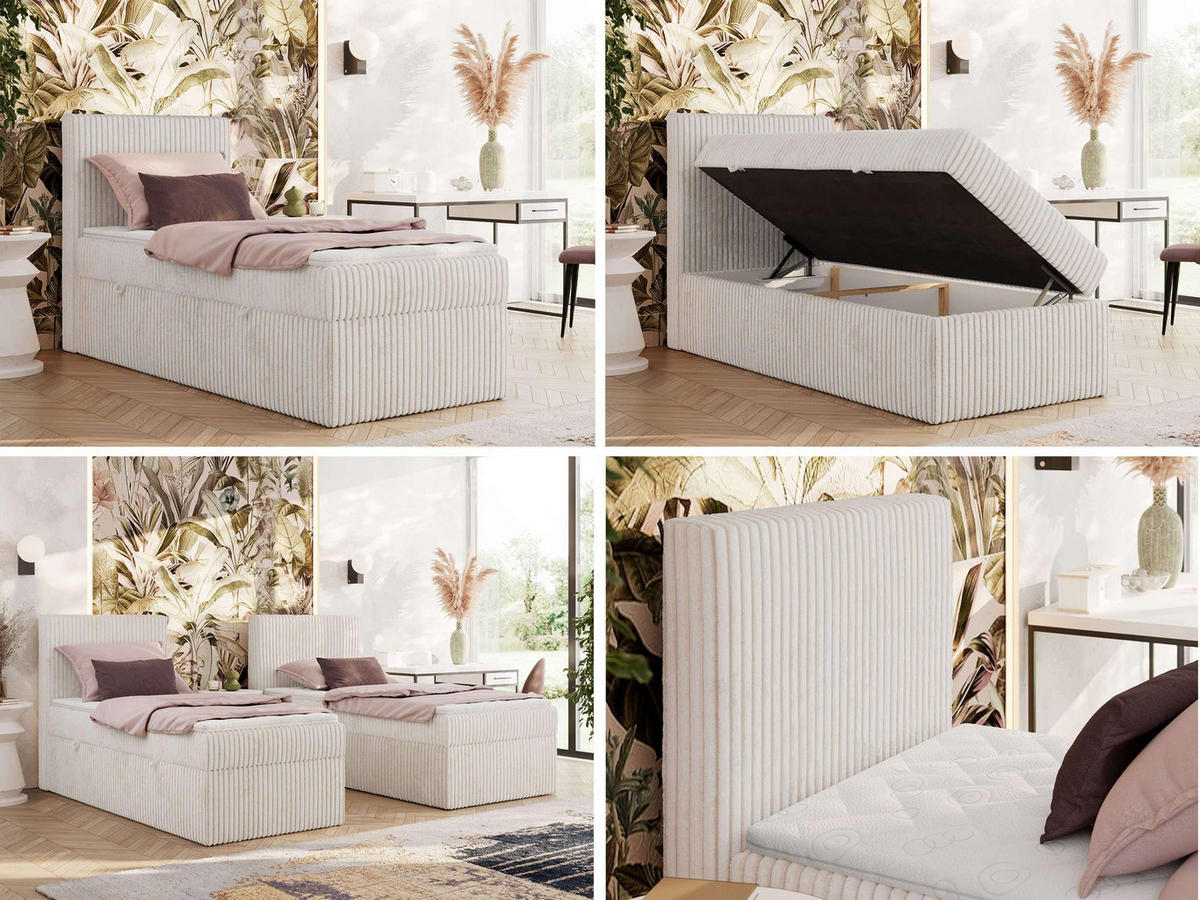 BOXBETT TILIANO 90/200 - Beige Cord - H3 - Visco Topper - Links - Beige, Textil (90/200cm) - MKS