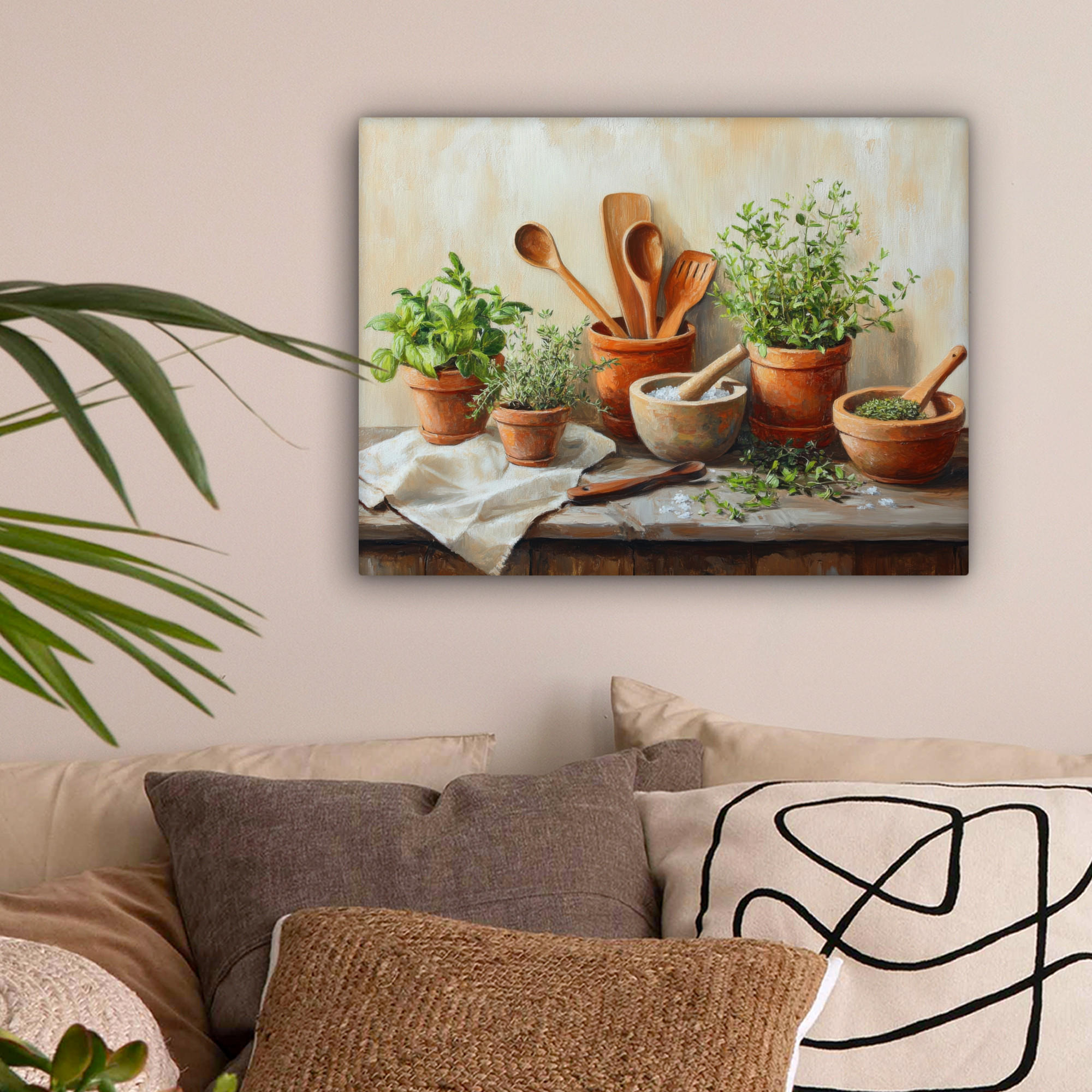 LEINWANDBILD Töpfe - Kräuter - Holz 40x30 cm - Terracotta, Textil (40/30cm) - MuchoWow