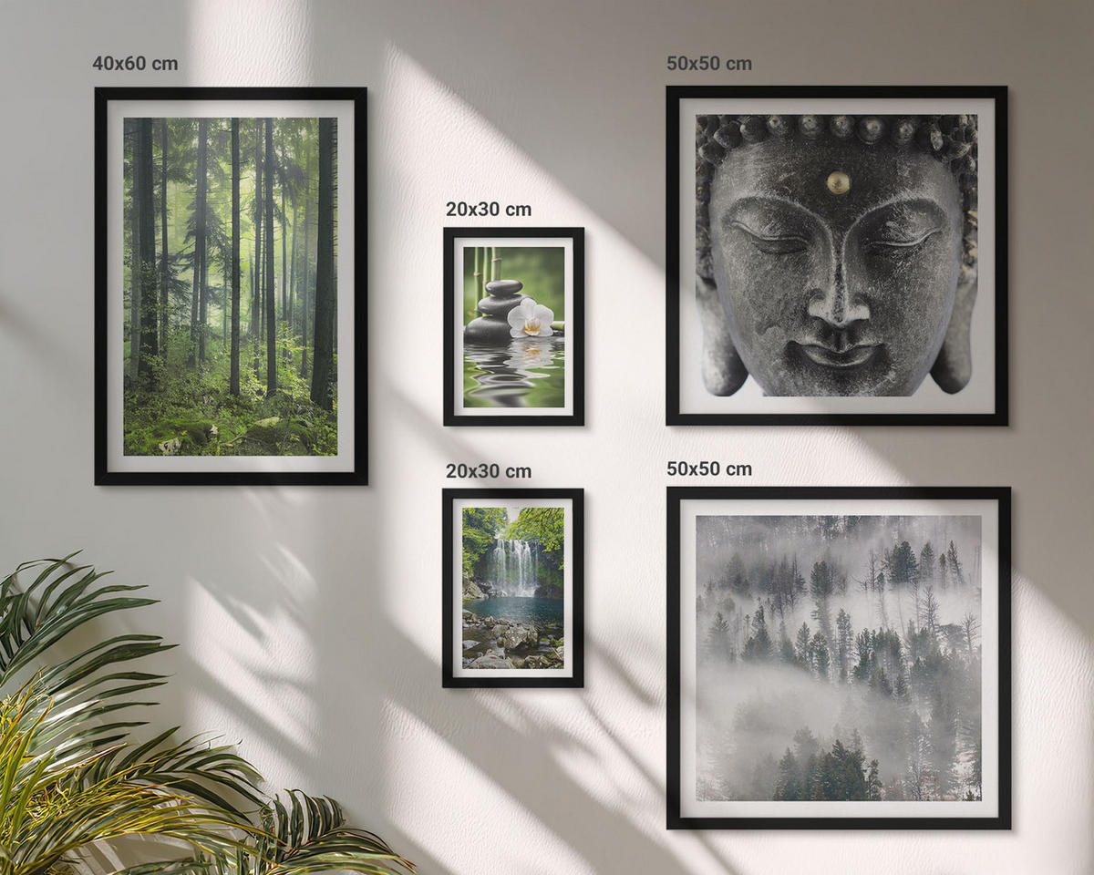 WANDBILDER 5er-Set - 50x50 cm & 20x30 cm & 40x60 cm Schwarzer Rahmen - Harmonie der Natur, Steine, Wasser, Buddha - Schwarz, Kunststoff (40/60cm) - ArtPrintCave