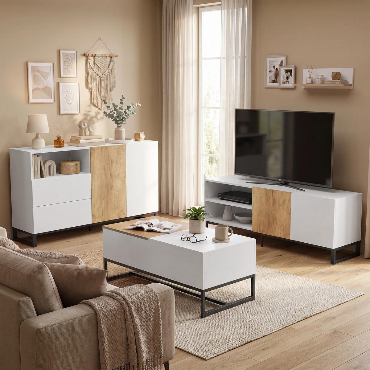 SIDEBOARD Weiß Eichefarben 140/40/85 cm - Ahornfarben/Schwarz, Metall (40/85/140cm) - PANGIVO