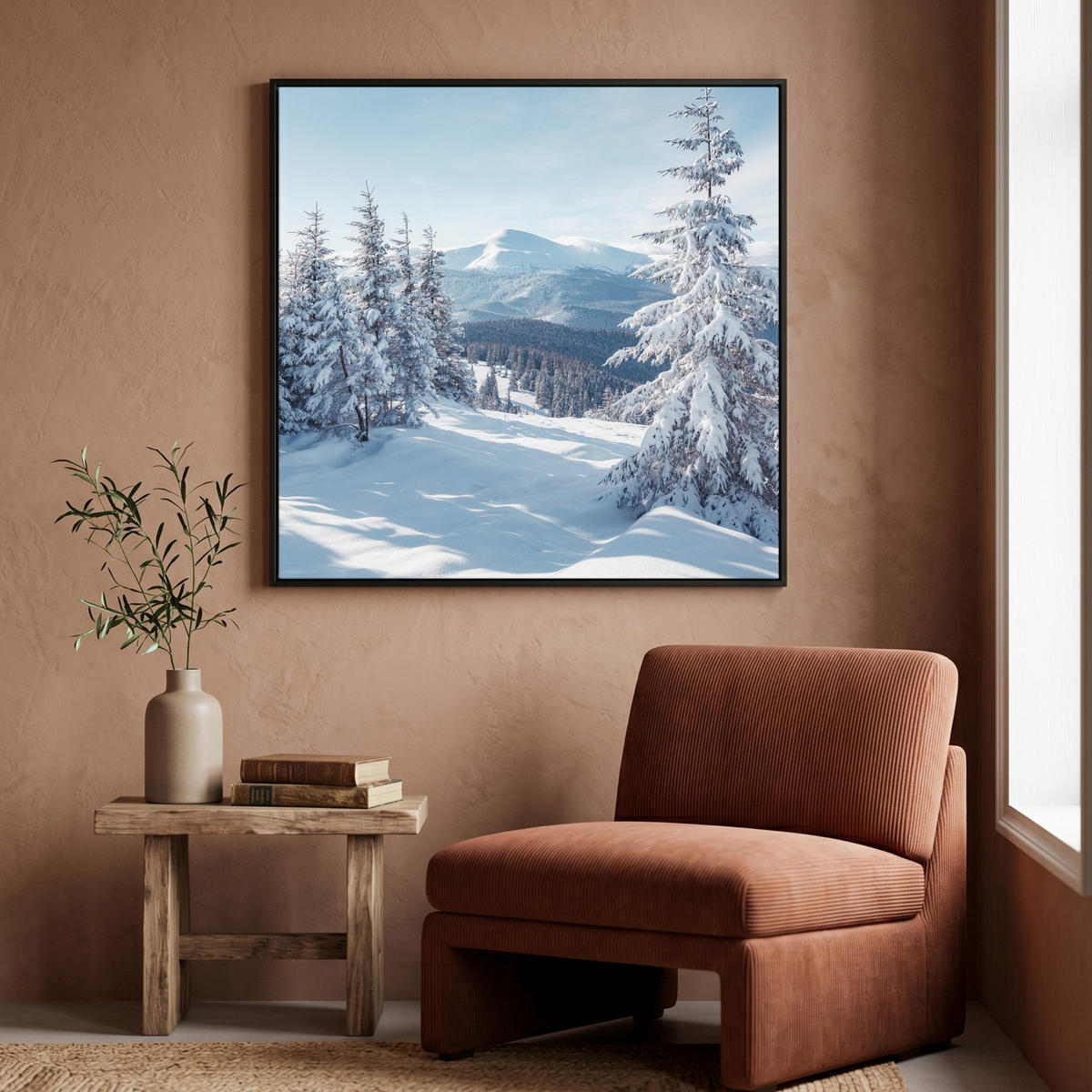 LEINWAND Bilder mit Rahmen - Winterlandschaft - Natur - Berge - Bäume - Schnee - 90x90 - Hellblau, Textil (90/90cm) - MuchoWow