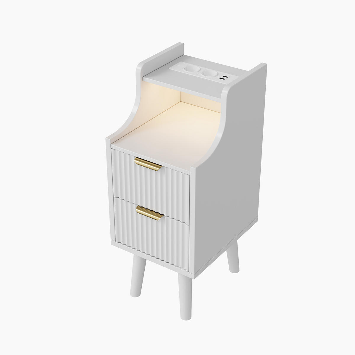 NACHTTISCH 2er-Set mit LED, Steckdose & USB, 2 Schubladen, Weiß, MDF - Weiß, Holz (25/76/30cm)