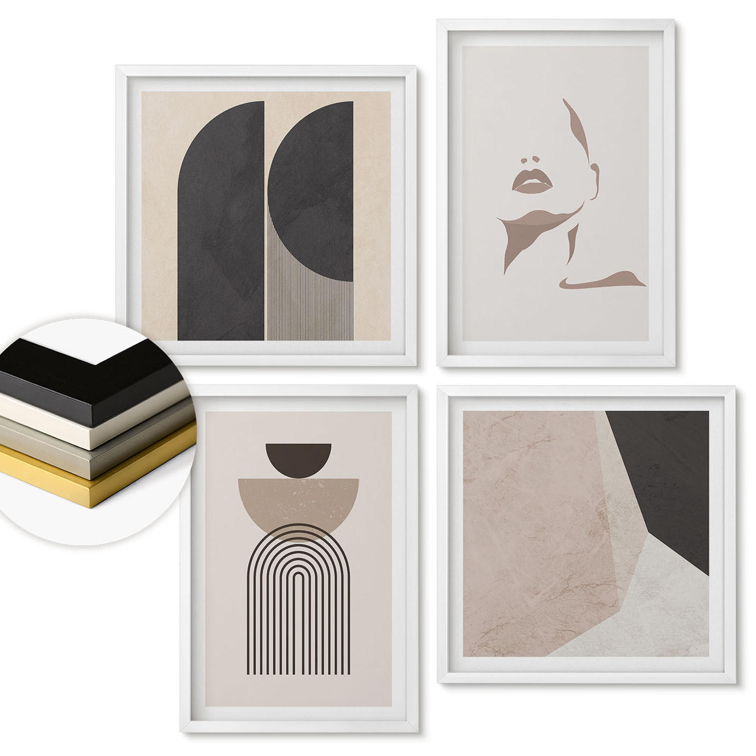 WANDBILDER 4er-Set - 50x50 cm & 40x60 cm Weißer Rahmen - Abstrakte weiß-braune Muster - Weiß, Kunststoff (50/50cm) - ArtPrintCave